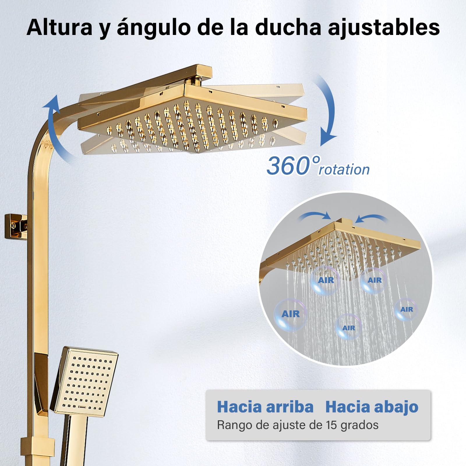 Ensemble de douche avec système de rangement à 3 fonctions - douche à effet pluie, douchette et mélangeur - doré