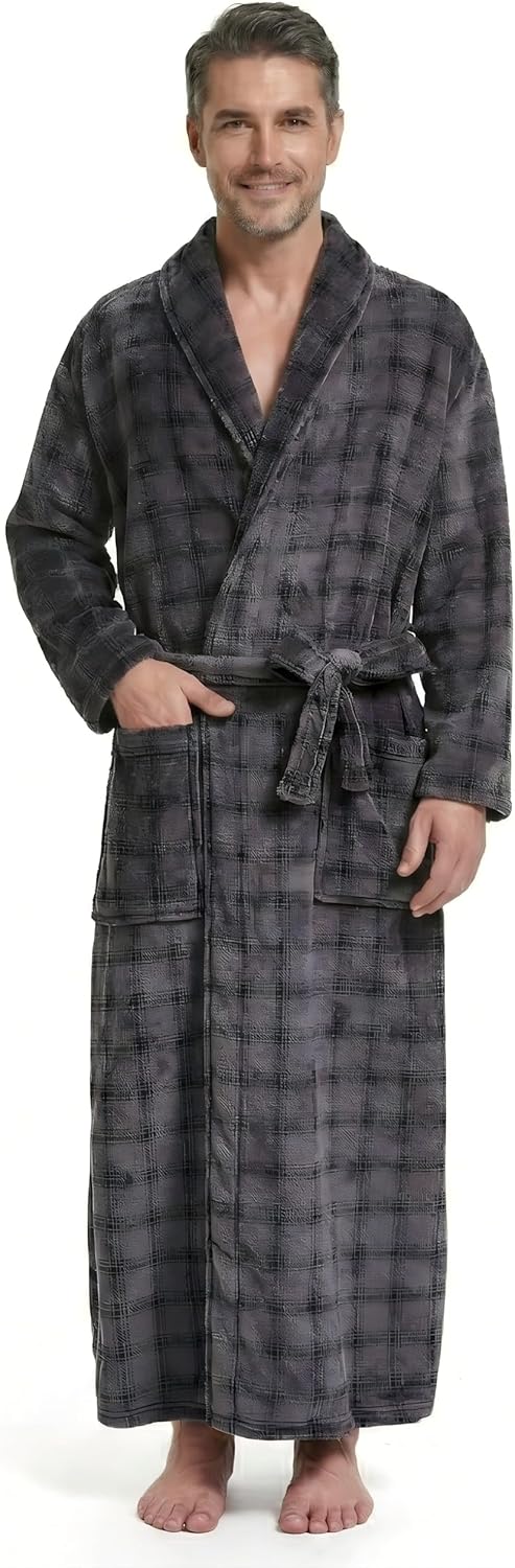 Men's Fleece Plush Bathrobe Full Length Big and Tall Shawl Collar Plaid Men Robe