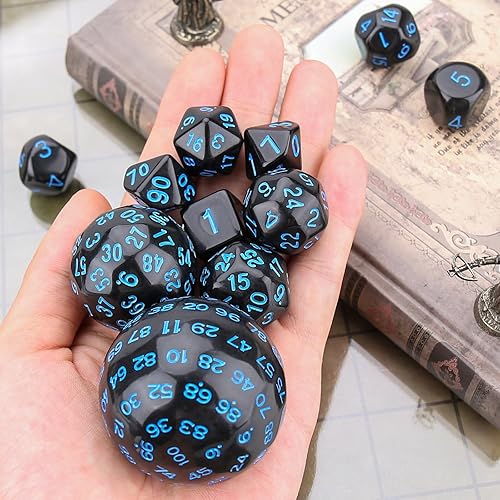 Miniatura 3 de Coyeekn DND Dados 15 piezas de dados poliédricos D3-D100 con bolsa de dados para juegos de mesa de rol (negro y azul)