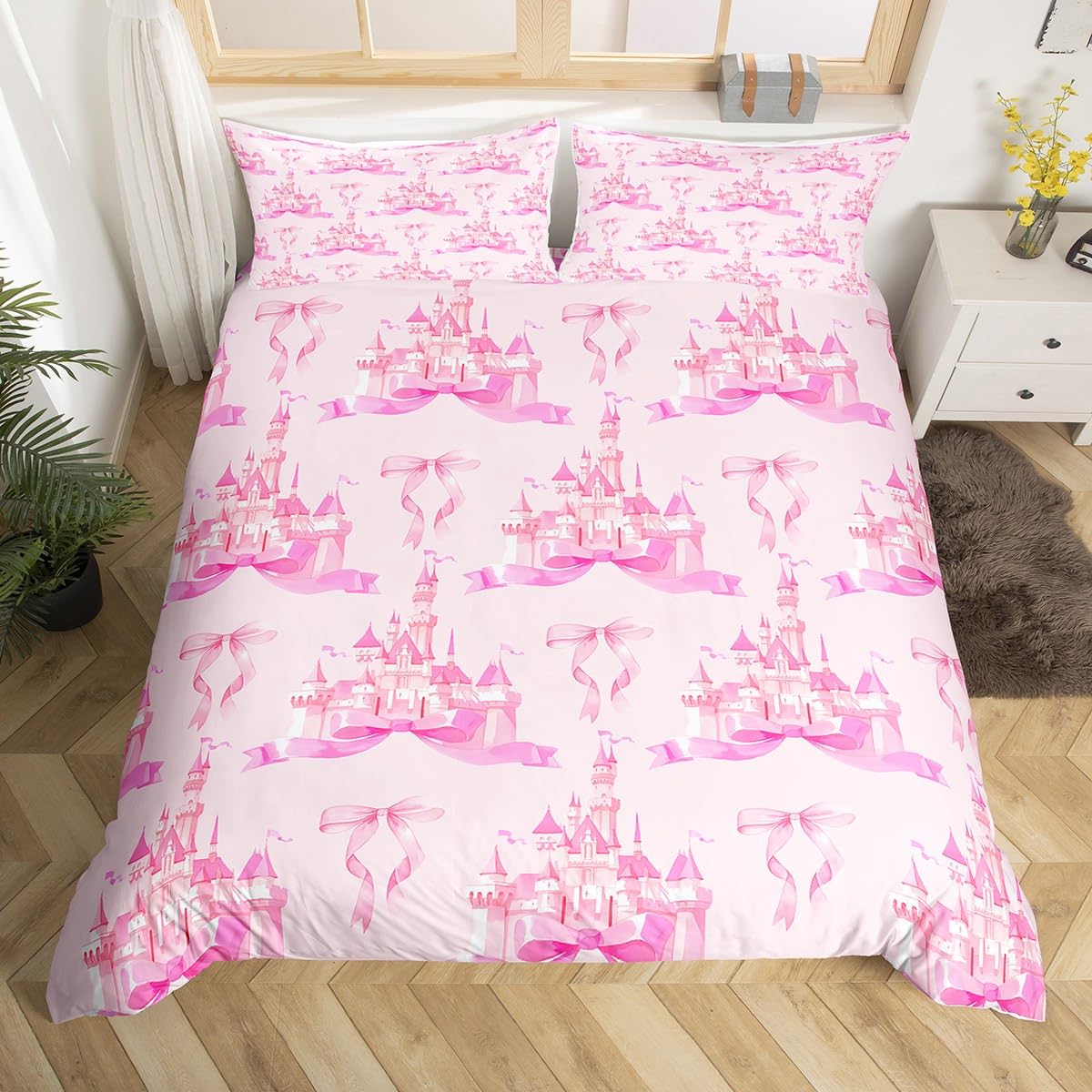 Loussiesd Kids Pink Castle Bedding Set King Size, Girls Bowknot Duvet Cover Boys Girls Fairytale Duvet Insert Teens Bedroom Decor 3 Pcs