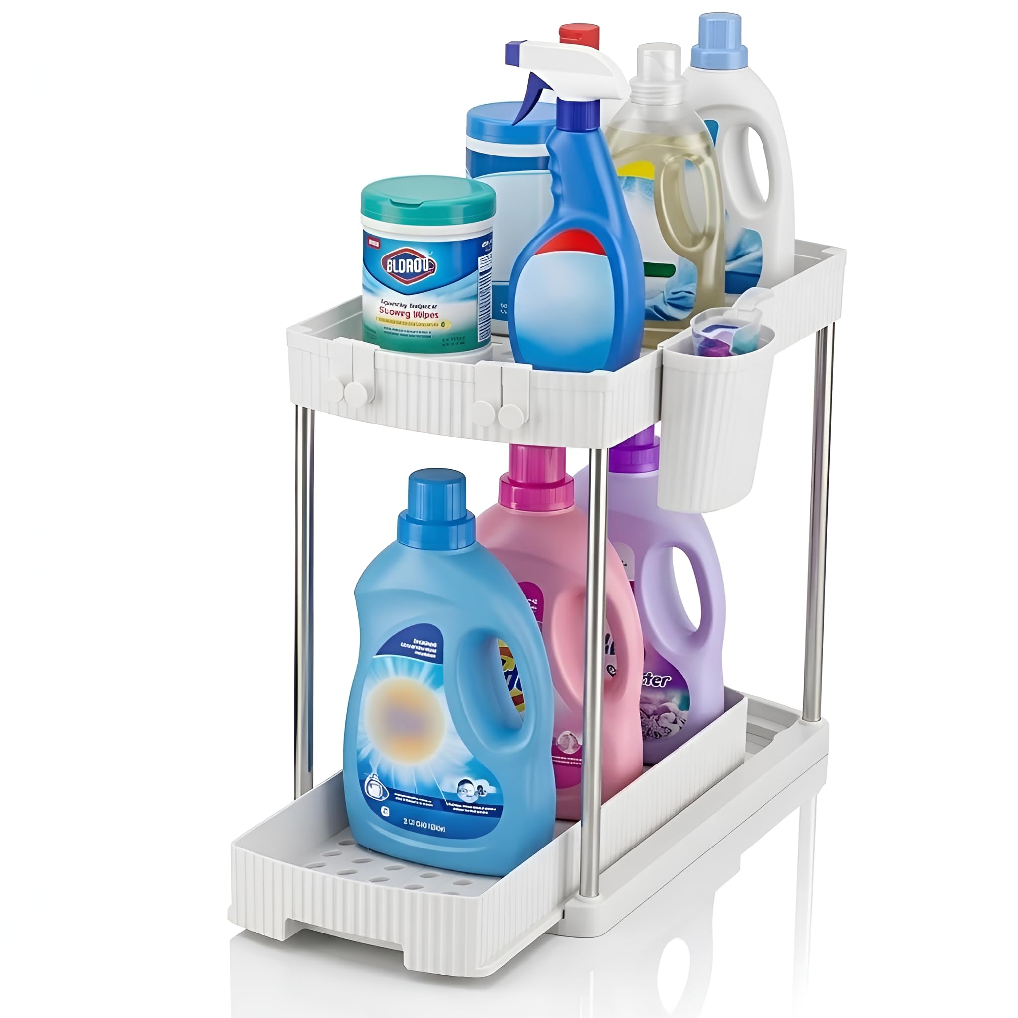 U-Max Multi-Tier Kitchen Under Sink/Cabinet Organizers with Hooks Hanging Cup,Pull-Out Storage Organizer for Bathroom, Kitchen, & Office use (1, White, Single-Pullout)