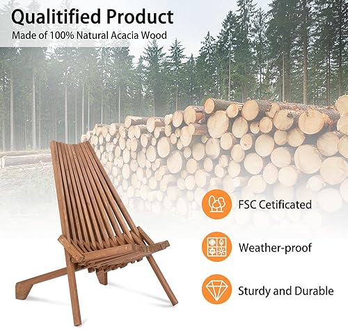 Miniatura 4 de Wooden Folding Adirondack Chair, FSC Certified Acacia Wood Low Profile Portable Outdoor Chair for Patio, Porch, Poolside, Backyard, Garden, Balcony