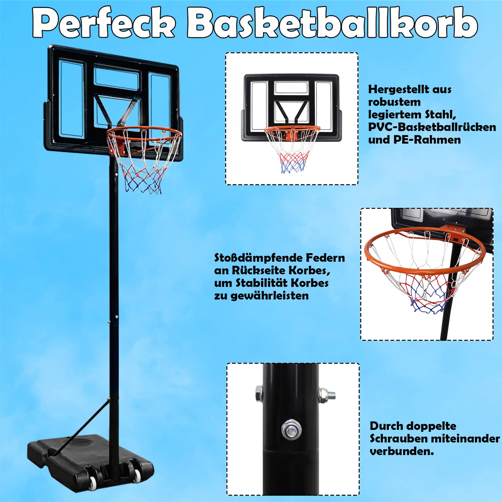 ZELUS Basketballkorb Outdoor mit Rädern Verstellbare Korbhöhe von 168 bis 305 cm Mobile Basketballanlage mit Wasser oder Sand Befüllbar für Innen-/Außenbereich