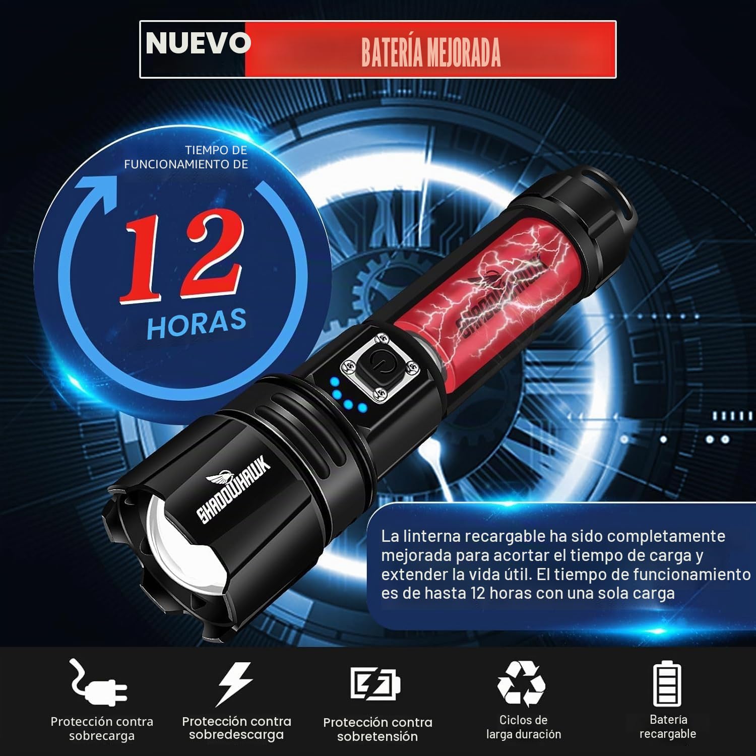 Shadowhawk Linternas LED Alta Potencia 20000 Lúmenes, Linterna LED Recargable USB Táctica Militar Potente, XHP70.2 Linterna a Pilas, IPX67 Impermeable 5 Modos Portátil Linternas