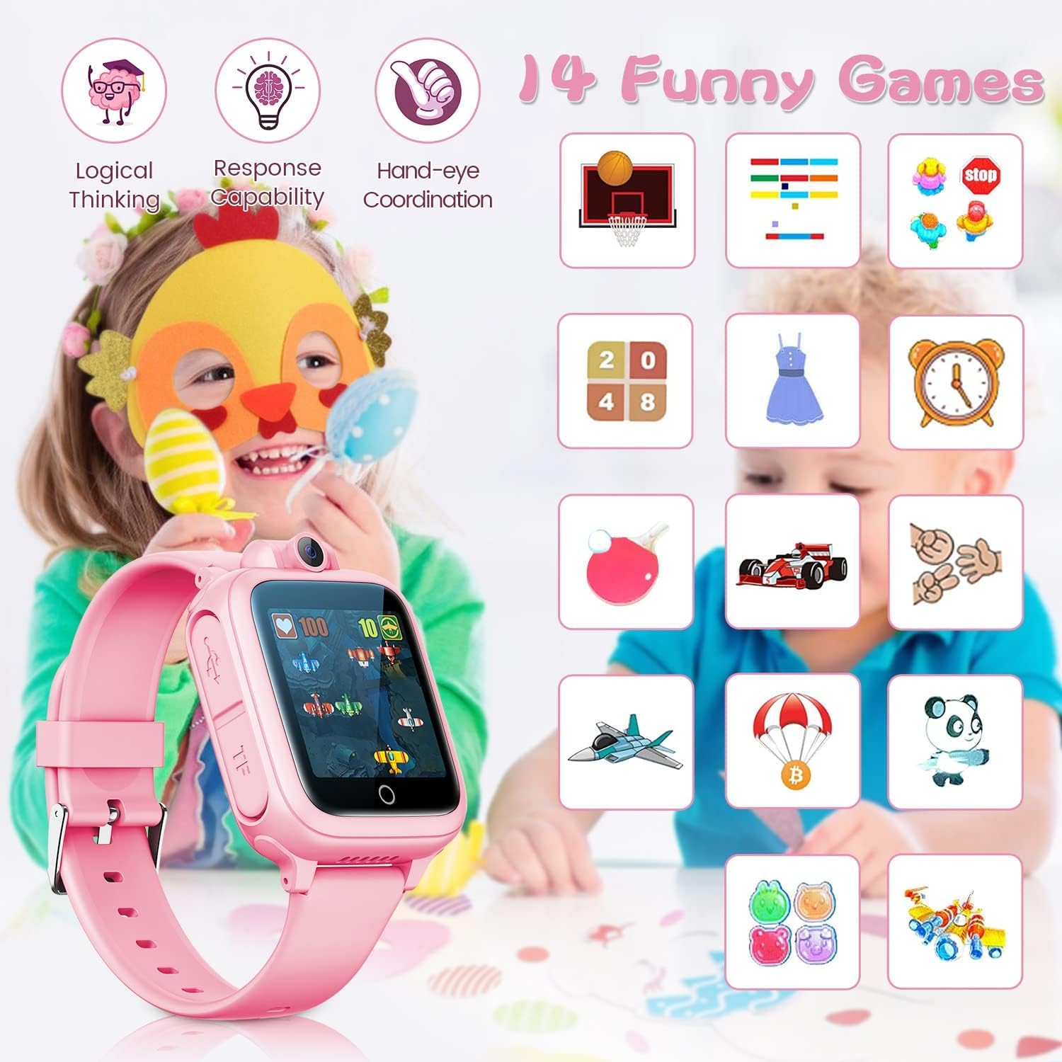 Awatty smartwatch bambini,smartwatch bimbi bimbi bimbi giocattoli bambini 3 4 5 6 7 8 9 10 11 12 anni con scheda micro SD fotocamera 14 giochi musica sveglia - rosa