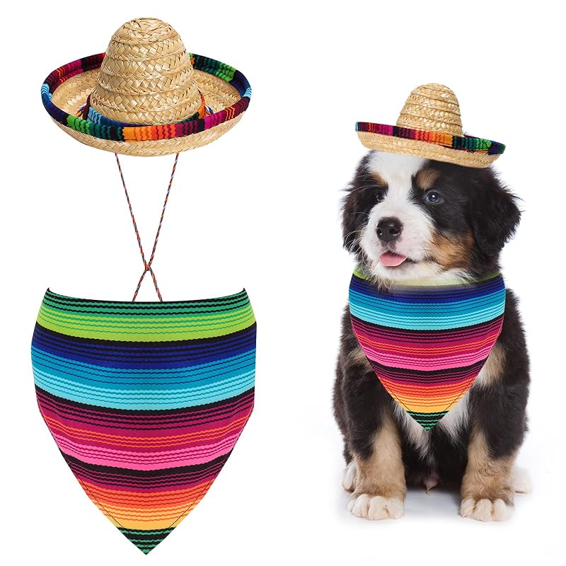Fantasia mexicana para cães pequenos e gatos com sombrero de palha e bandana multicolorida Fumwase, 2 unidades