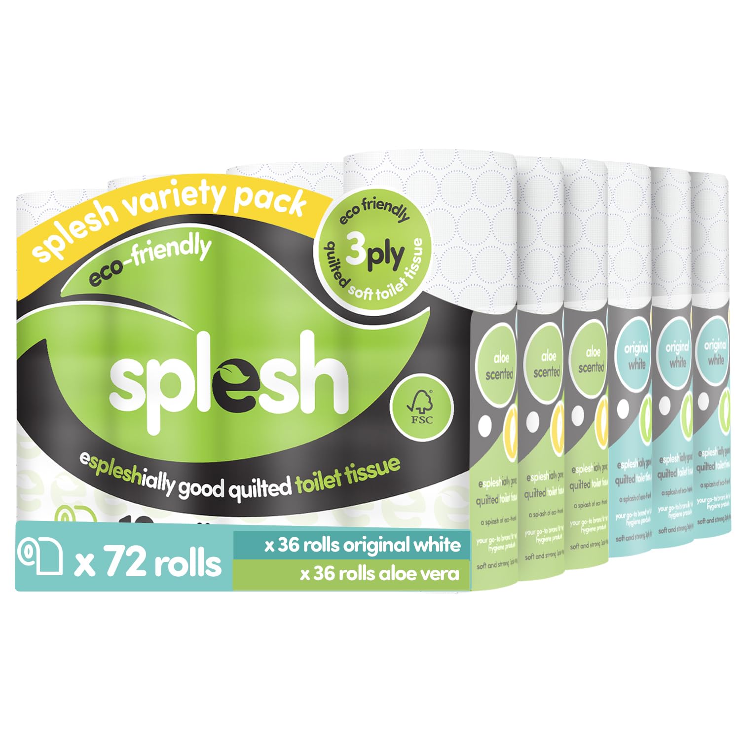 Splesh by Cusheen 3-ply Toilet Roll - Soft, Quilted Bulk Toilet Rolls, Eco-Friendly Toilet Tissue Loo Rolls, Made in UK - 72 Rolls (White 36s) & (Aloe 36s)
