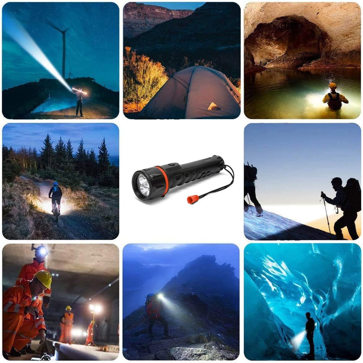 Velamp 3 LED Flashlight in Hyper Rubber. with Comfortable lace. Works with 3 D Batteries (not Supplied). Super Bright, Water and Shock Resistant, Black