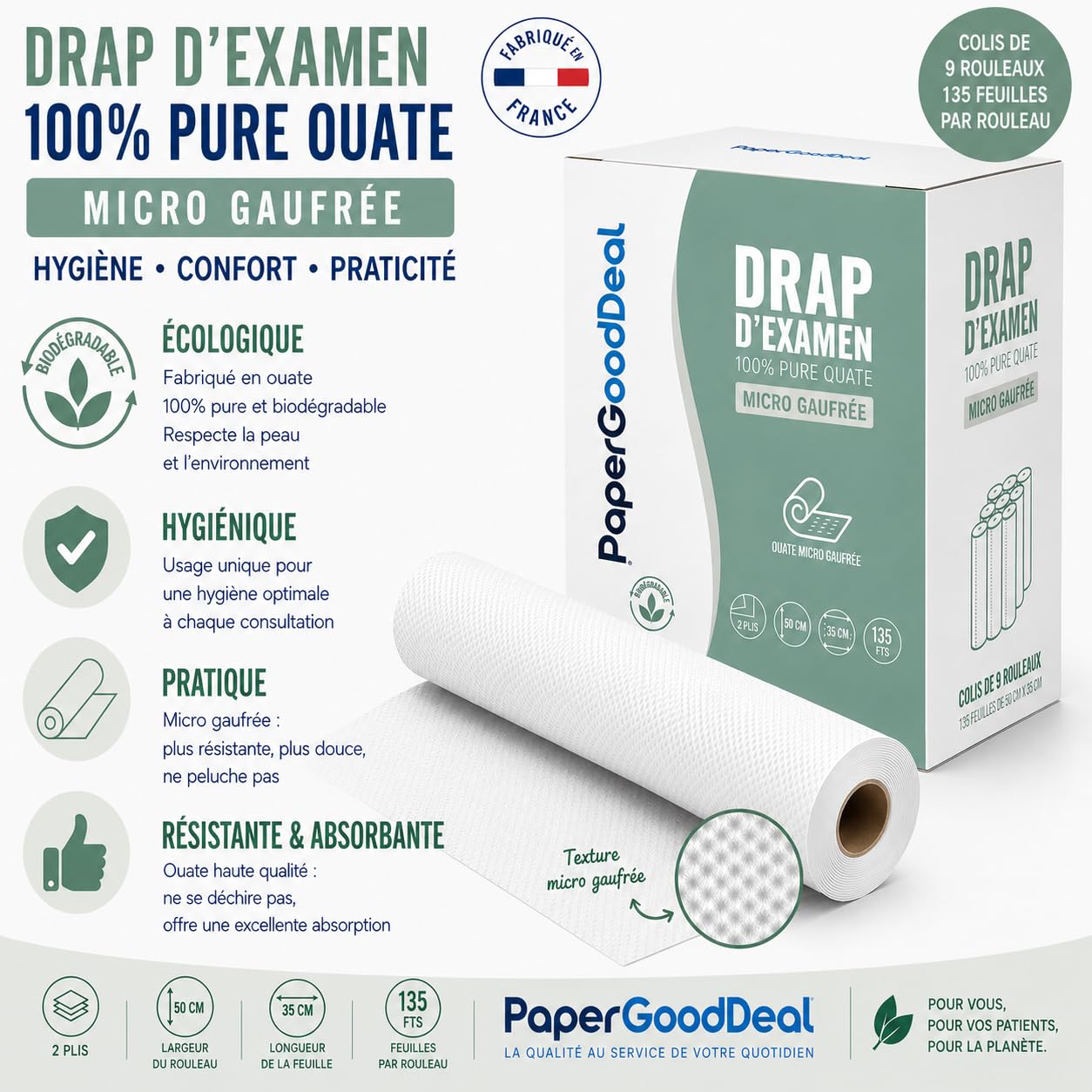 9 rouleaux de 135 feuilles = 1215 feuilles drap d'examen 50cmx35cm micro gaufré 100% pure ouate drap hygiénique pour esthétique gynécologie pédiatrie thérapie confort optimal Qualité professionnelle | Confort optimal pour les patients,Hygiène irréprochabl