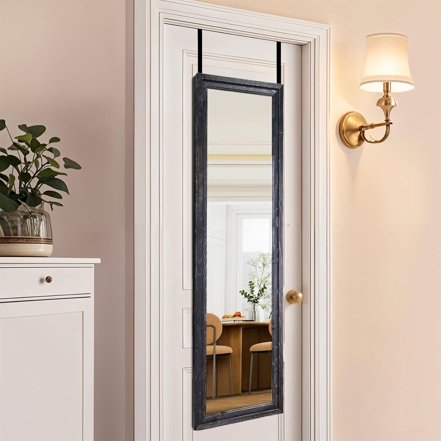 48"x14" Door Mirror, Rustic Full Length Mirror, Over The Door Hanging Mirrors Full Length, Wooden Hanging Mirrors for Bedroom, Bathroom, Black