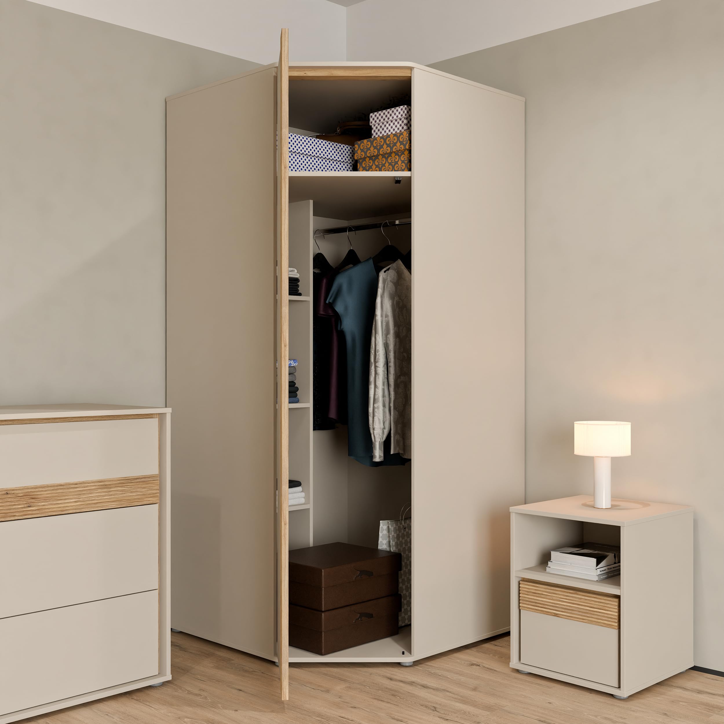 Forte WEXLIN - Armadio angolare 90 95, moderno con porta armadio, camera dei bambini e dei ragazzi, cashmere, beige, decorazione in legno di quercia, 92,2 cm di larghezza x 193,7 cm di altezza x 92,2