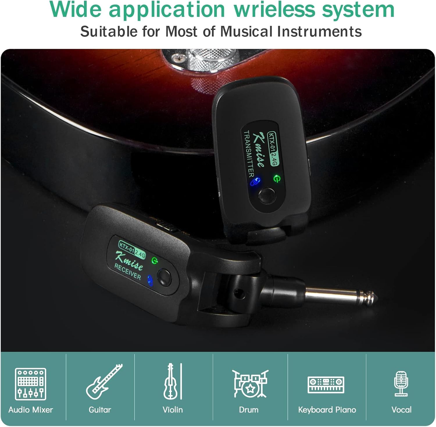 Wireless Guitar System, Kmise 2.4GHZ Transmitter Receiver for Electric Bass Guitars Accessories W/ 100 Feet Transmission Distance & over Working 10h Rechargeable Lithium Battery