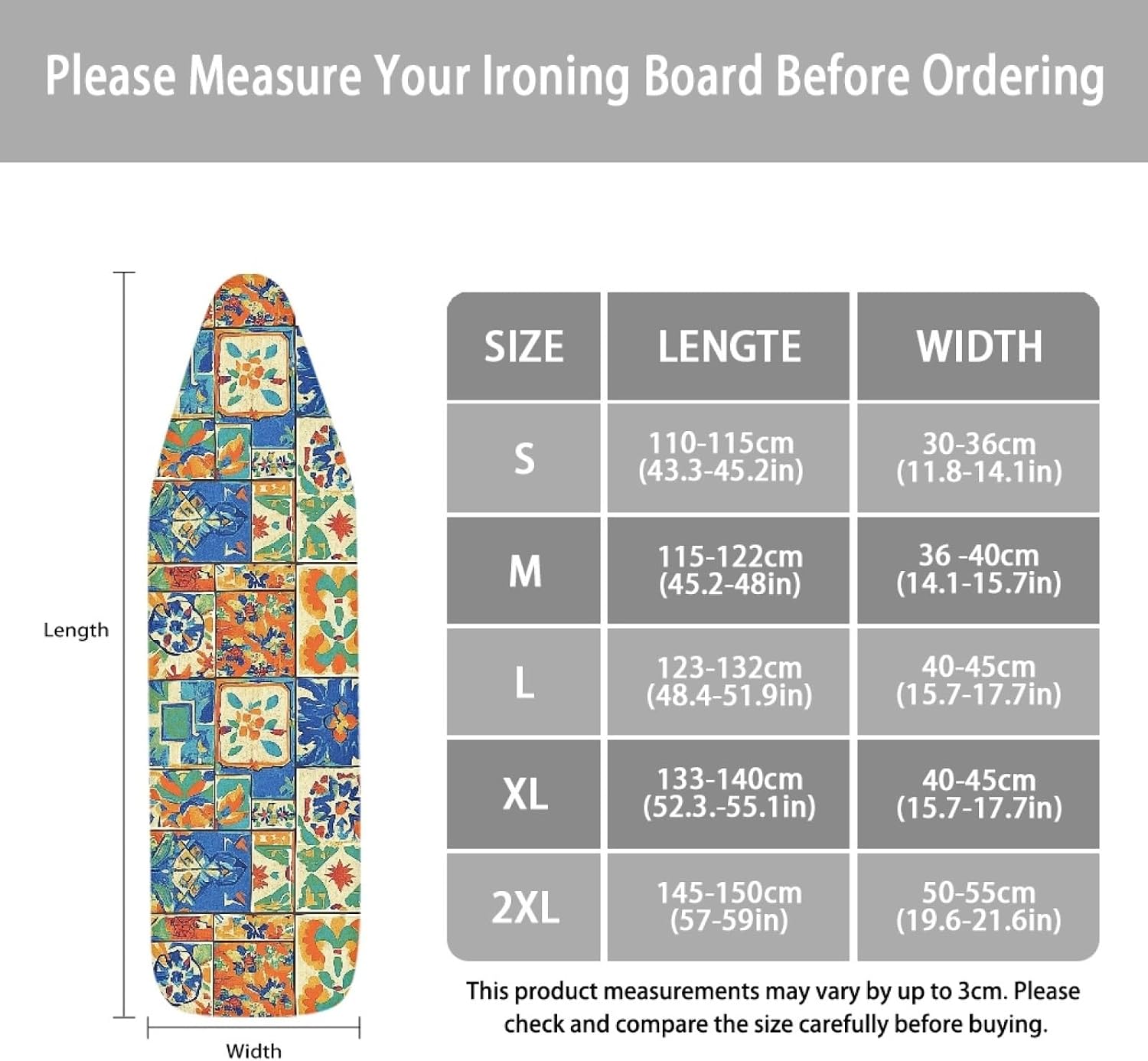 Ironing Board Cover 14x48 Bohemian Blue Grey Iron Board Cover with Padding Heat Reflective,Scorch Resistant Thick Padding,Snug Fit Non-Slip Nose Pocket Fastener Straps Elastic Edges