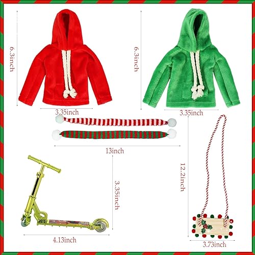 Miniatura 3 de Juego de 6 accesorios de muñeca elfo de Navidad para niños y niñas, ropa de elfo con sudadera, bufandas, columpio de madera, novedoso accesorio