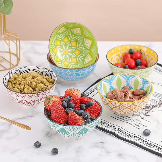 Porcelain Dessert Bowls Cereal Bowl - Ceramic Bowl Set of 6 - Colorful Small Bowls for Ice Cream | Soup | Cereal | Rice | Snack | Side Dish | Condiment Microwave and Dishwasher Safe -4.75 Inch(10OZ)