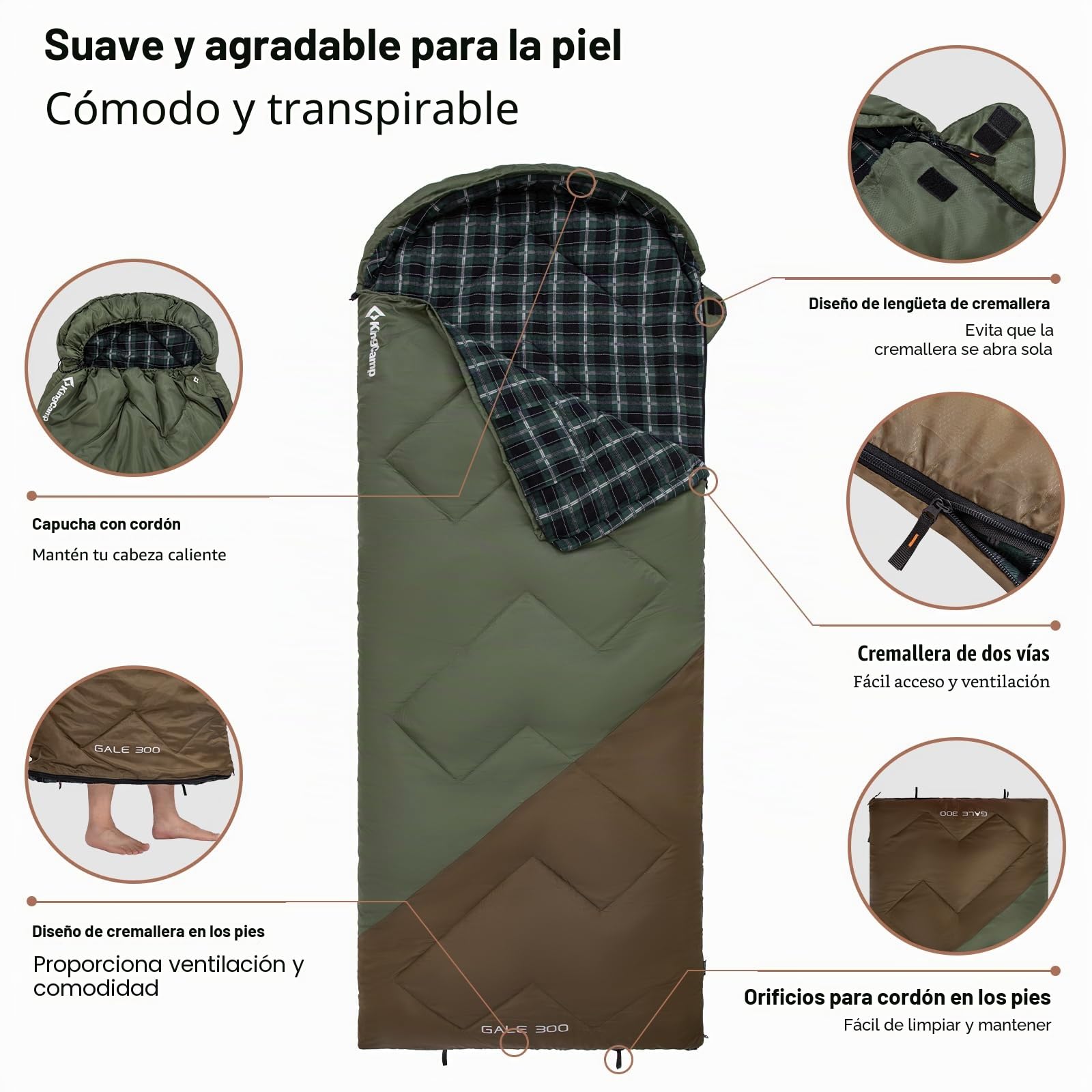 KingCamp - Saco de Dormir para Adultos, Invierno, Forro de Franela, para Clima frío, 3-4 Estaciones, Saco de Dormir Grande y Alto, Ligero, Resistente al Agua para Camping, mochilero, Senderismo