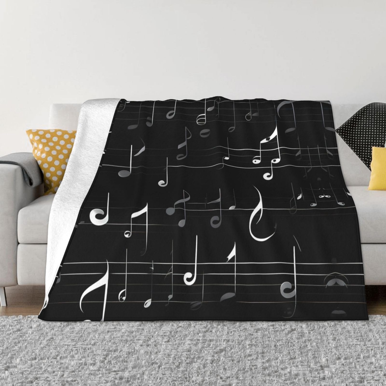 Ewqrtyy Black Music Notes Printing Ultra Soft Micro Fleece Blanket, Anti Pilling Flannel Blankets For Bed Sofa,Foldable 2 Sizes