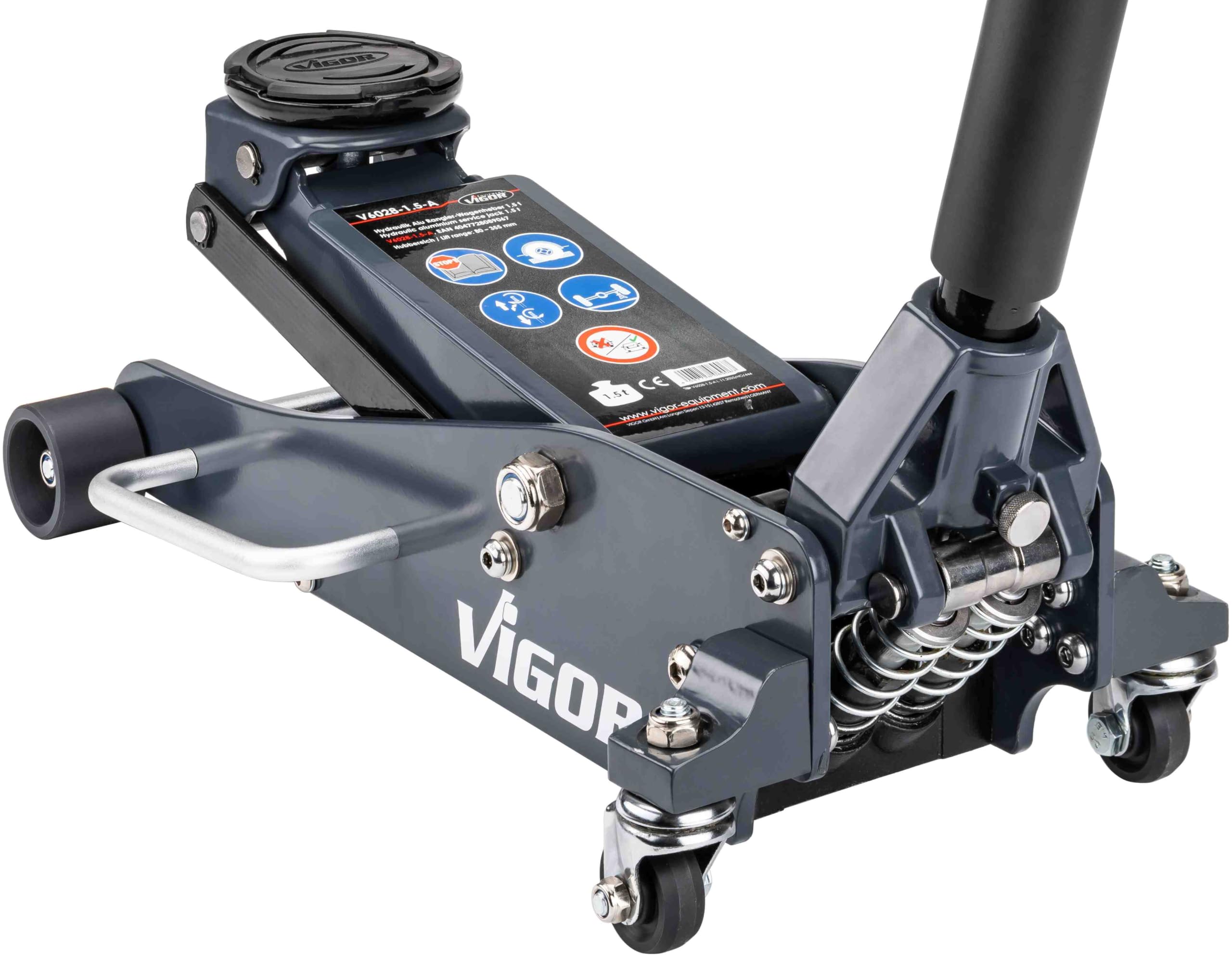 Vigor V6028-1.5-A hydrauliczny podnośnik samochodowy, udźwig 1,5 t, 14,5 kg, lekki i manewrowy, do wymiany kół i napraw pod pojazdem
