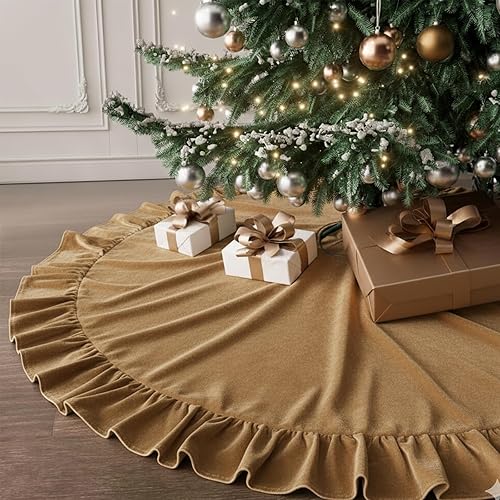 Vista 101 de Faldones de felpa para árbol de Navidad, 36 pulgadas, tapete de lujo de piel sintética blanca nevada con copos de nieve dorados para decoración