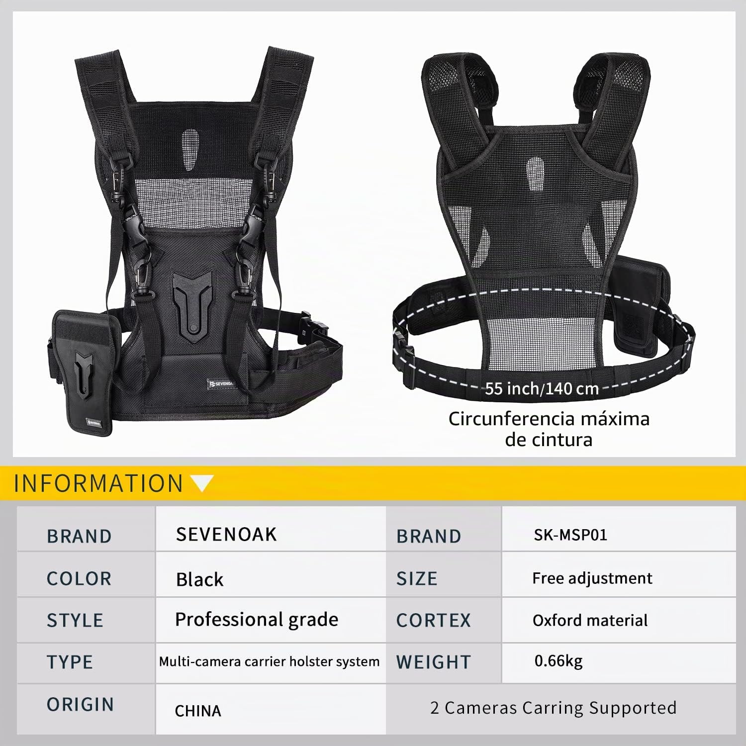 SEVEVEAK Arnés de cámara dual, SK-MSP01 Sistema de chalecos en el cofre múltiple con funda lateral para Canon 6d 600D 5D2 5D3 NIKON D90 Sony A7S A7R A7S2 Panasonic Olympus DSLR Viaje de boda Viaje