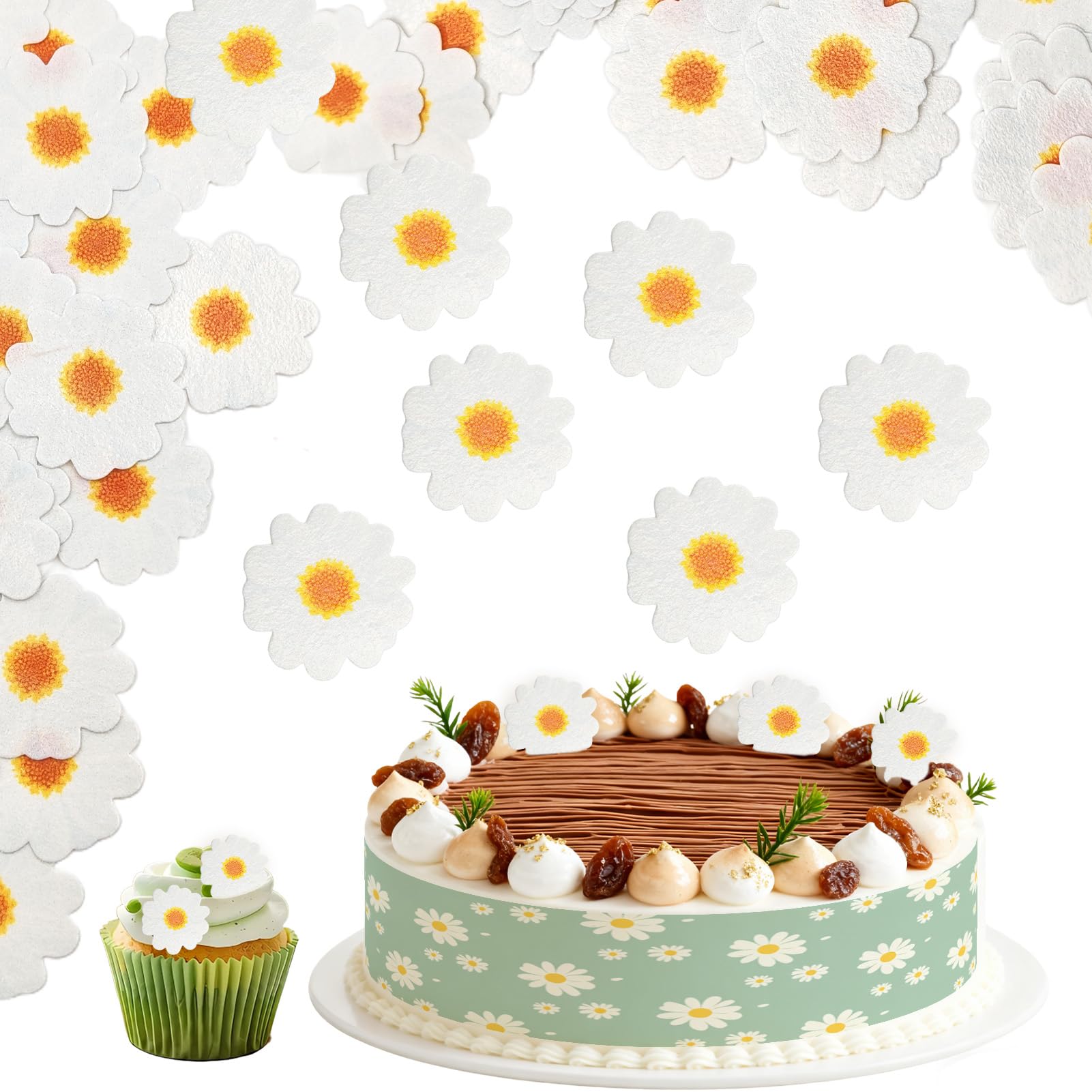 Essbare Blumen für Torte, 4PCS Tortenband Essbar + 40PCS Gänseblümchen Tortendeko Essbare Blüten Kuchen Deko, Esspapier Blumen Cupcake Toppers für Geburtstag Hochzeit Party Dekoration