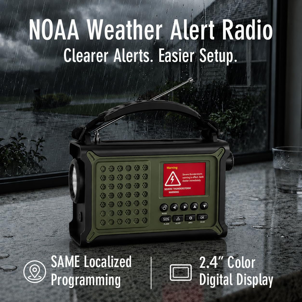 Radio météo d'urgence avec manivelle solaire, alerte NOAA localisée S.A.M.E