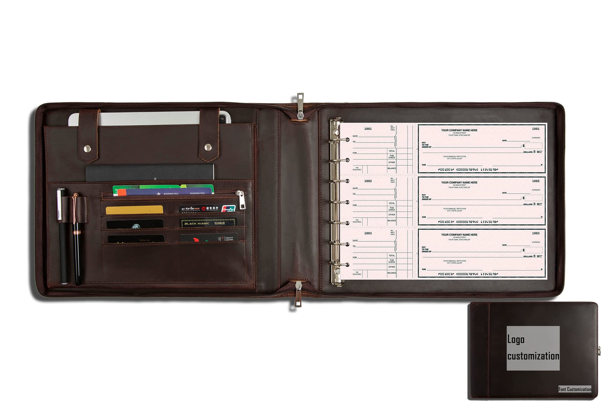 GZRHKJ Genuine Leather Business Check Binder, 7 Ring Checkbook Binder for Business Checks, Personalized Engraved Checkbook Binder, 600 Checks Capacity