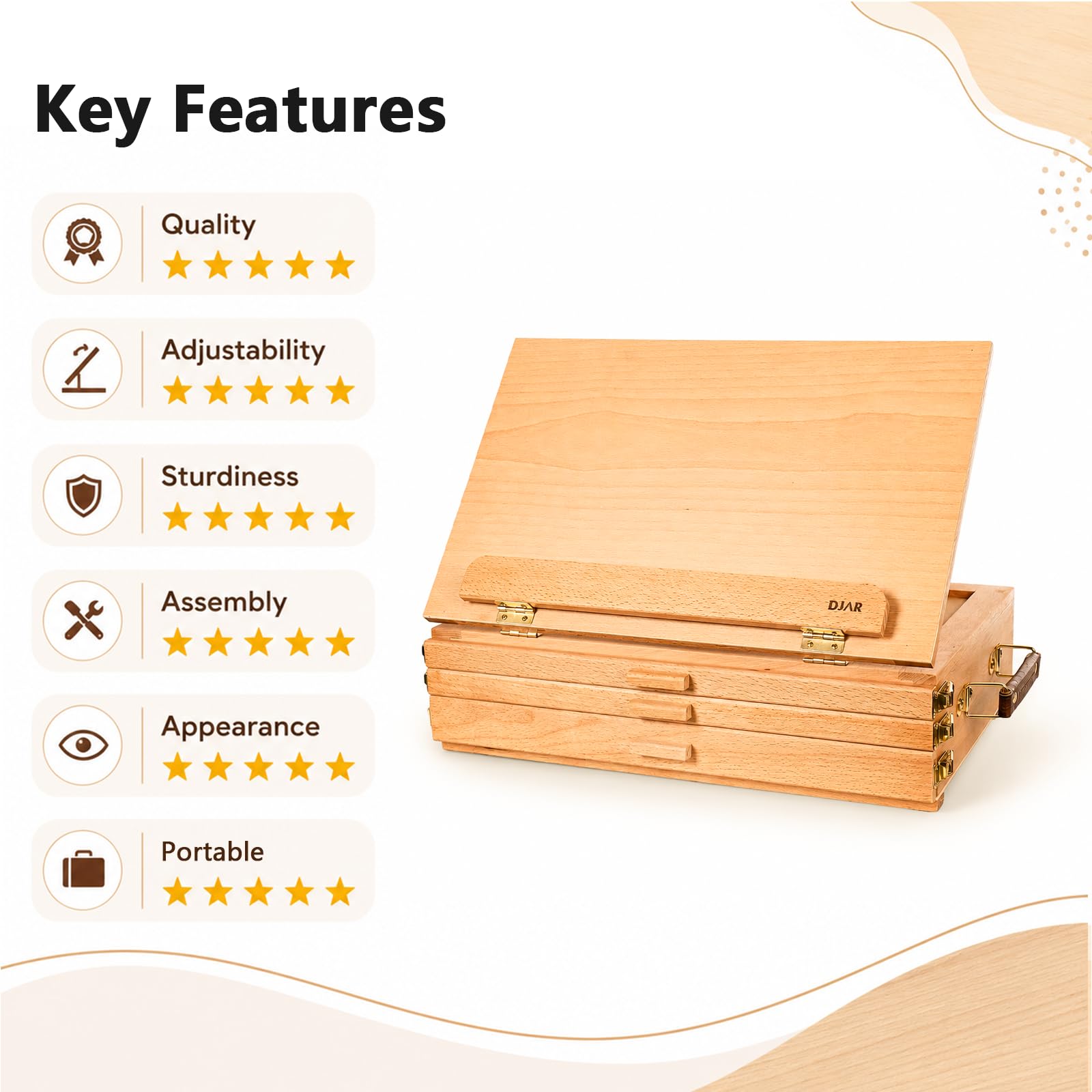 DJAR Caballete artístico de mesa con 3 cajones, portátil y ajustable de madera de haya, soporte de pintura para adultos y estudiantes