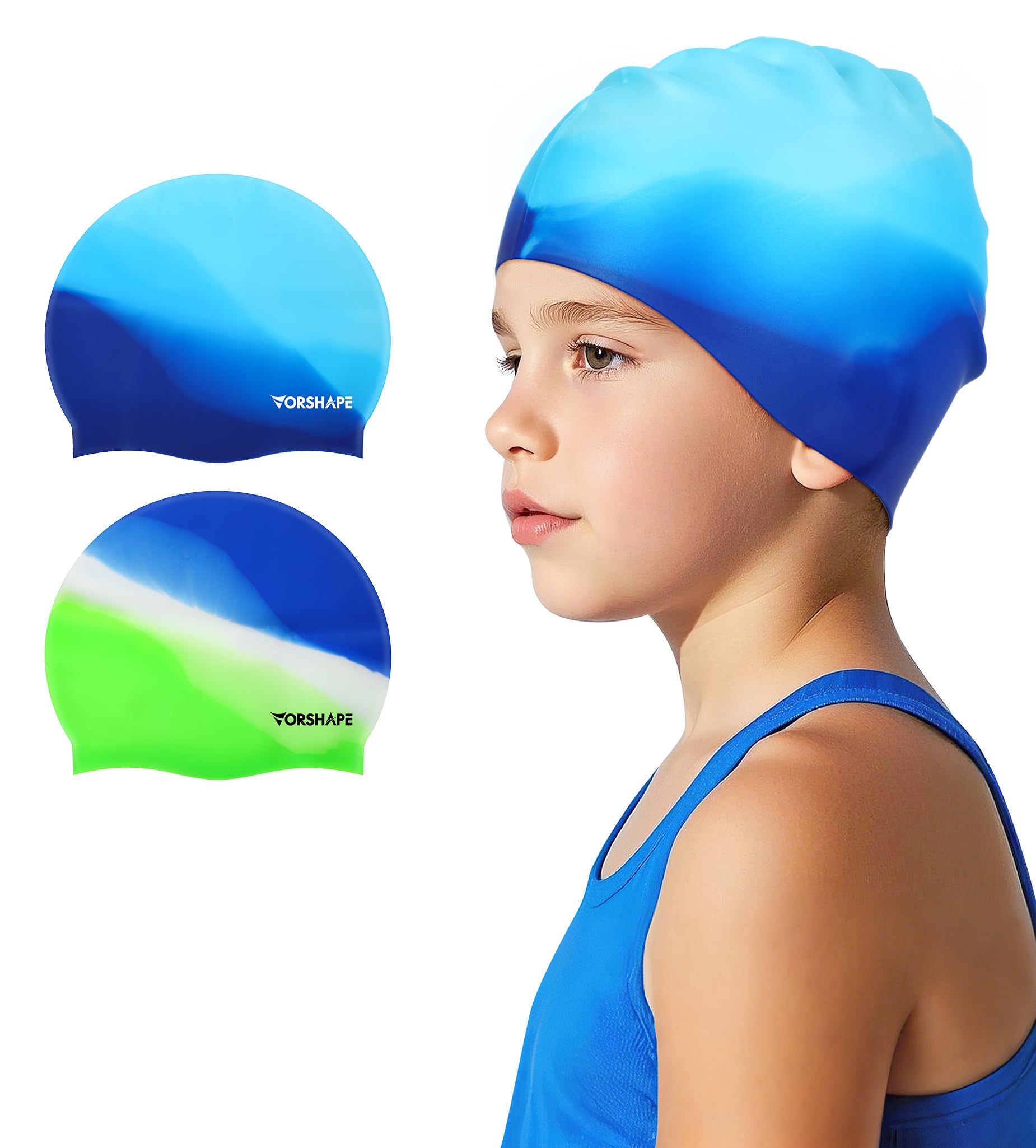 Swim Cap Kids (2 Pack), Durable Waterproof Swimming Cap for Girls Boys Teens Toddler, Comfortable Fit for Long Hair and Short Hair