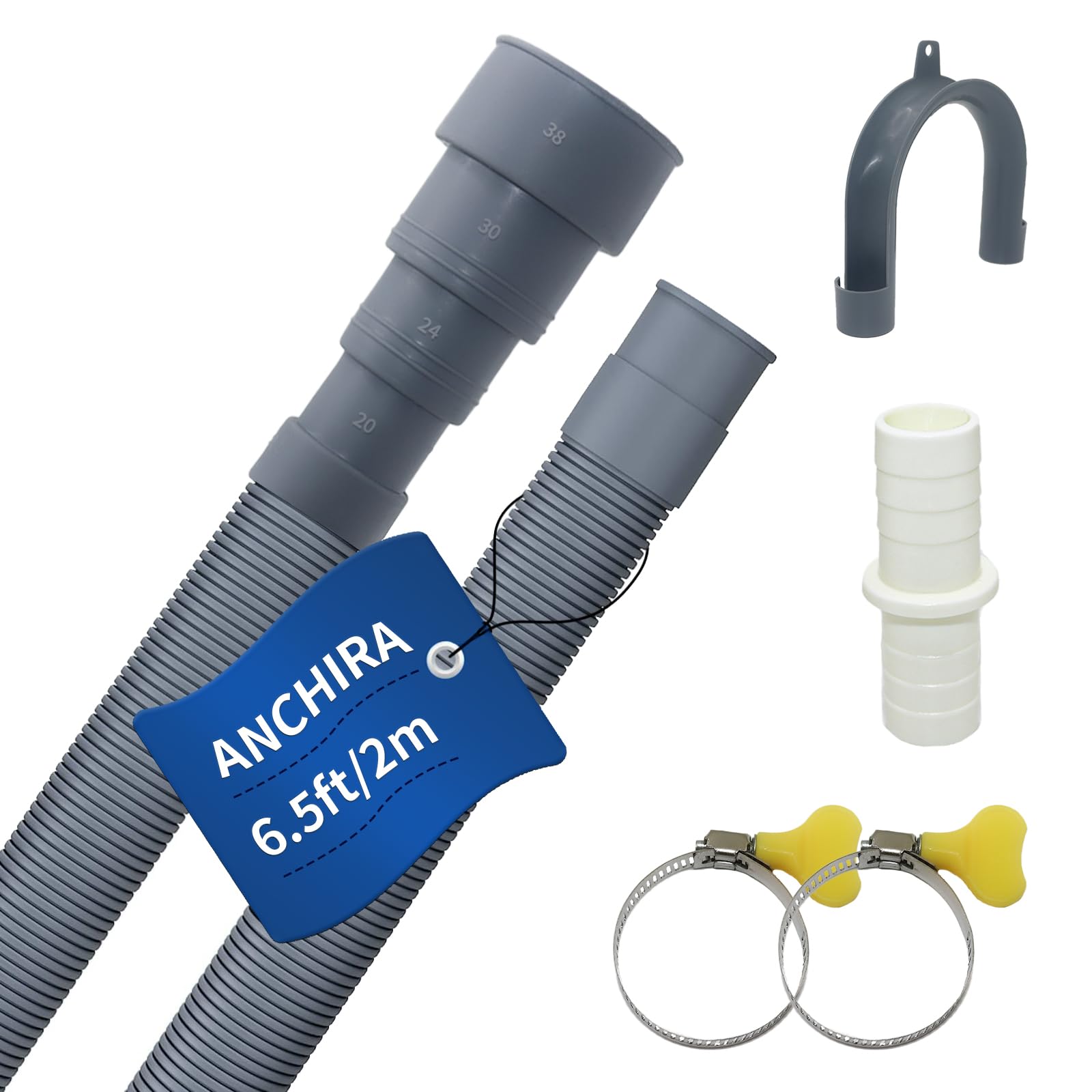 Anchira Ablaufschlauch Verlängerung 2m, Waschmaschinenschlauch Verlängerung mit Bügel Verbinderl und Schlauchschellen, Abwasserschlauch Waschmaschine, Ablaufschläuche für Waschmaschinen Spülmaschine