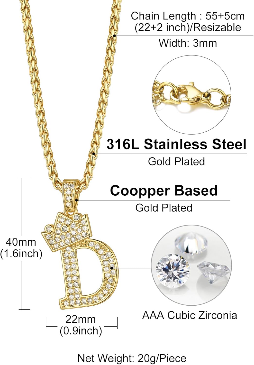 Richsteel Initial Necklace for Men A-Z 18K Gold Plated Crown Shiny Cubic Zirconia Monogram Pendant for Women Fashion Jewelry - Image 4
