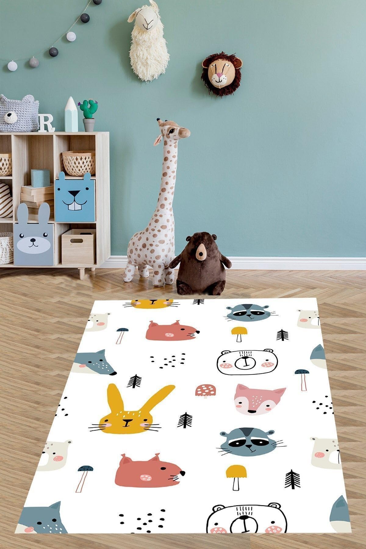 Pelangi Sevimli Hayvanlar Alemi Animal Tavşan Tilki Yıkanabilir Kaymaz Taban Leke Tutmaz Çocuk Odası Halısı, Beyaz-Pembe-Mavi-Hardal 160 x 300, 9038680155160300