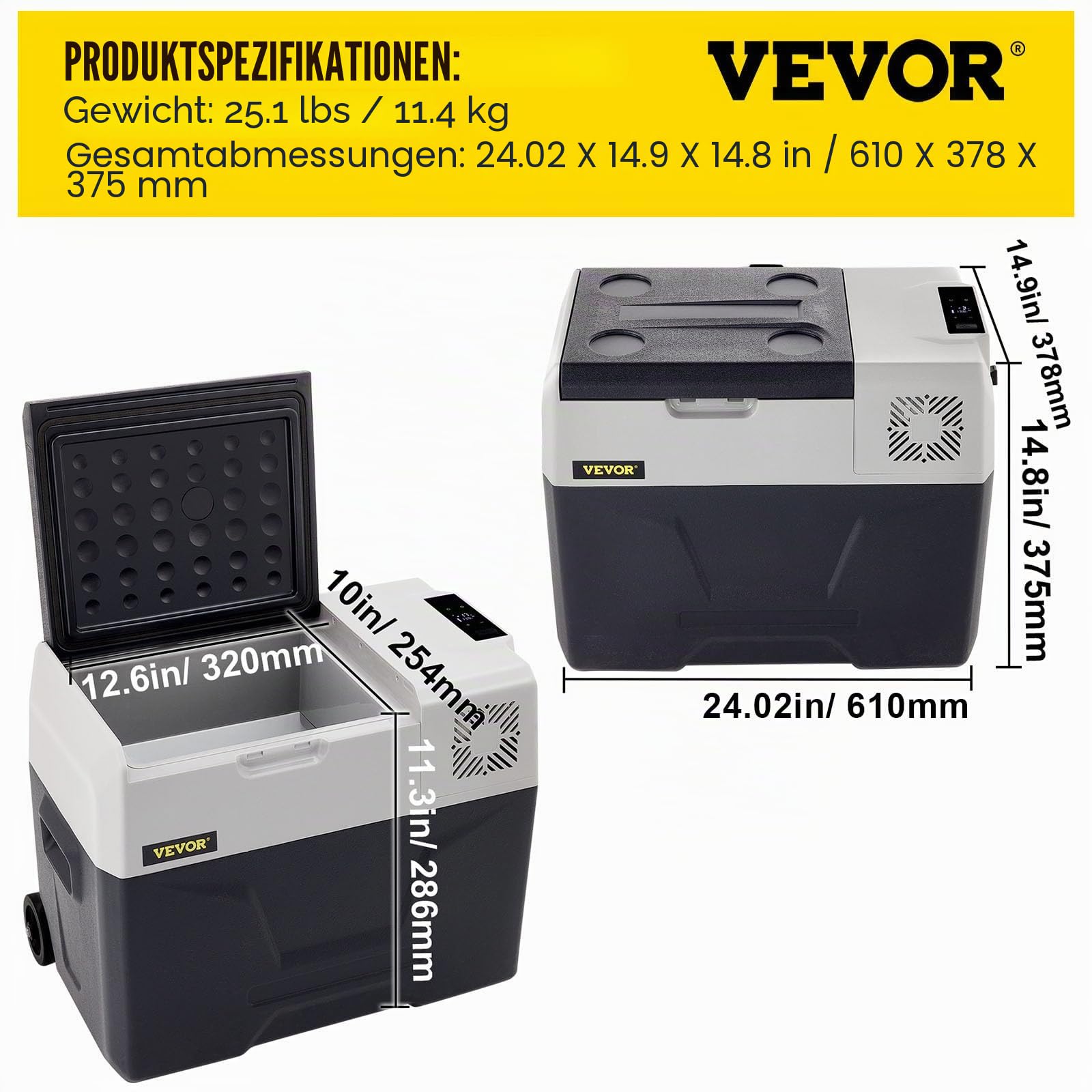 VEVOR Autokühlschrank Kompressor kühlbox Edelstahl Urlaub Isolierbox Mini Kühlschrank Kühlbox Auto und Steckdose (30L)