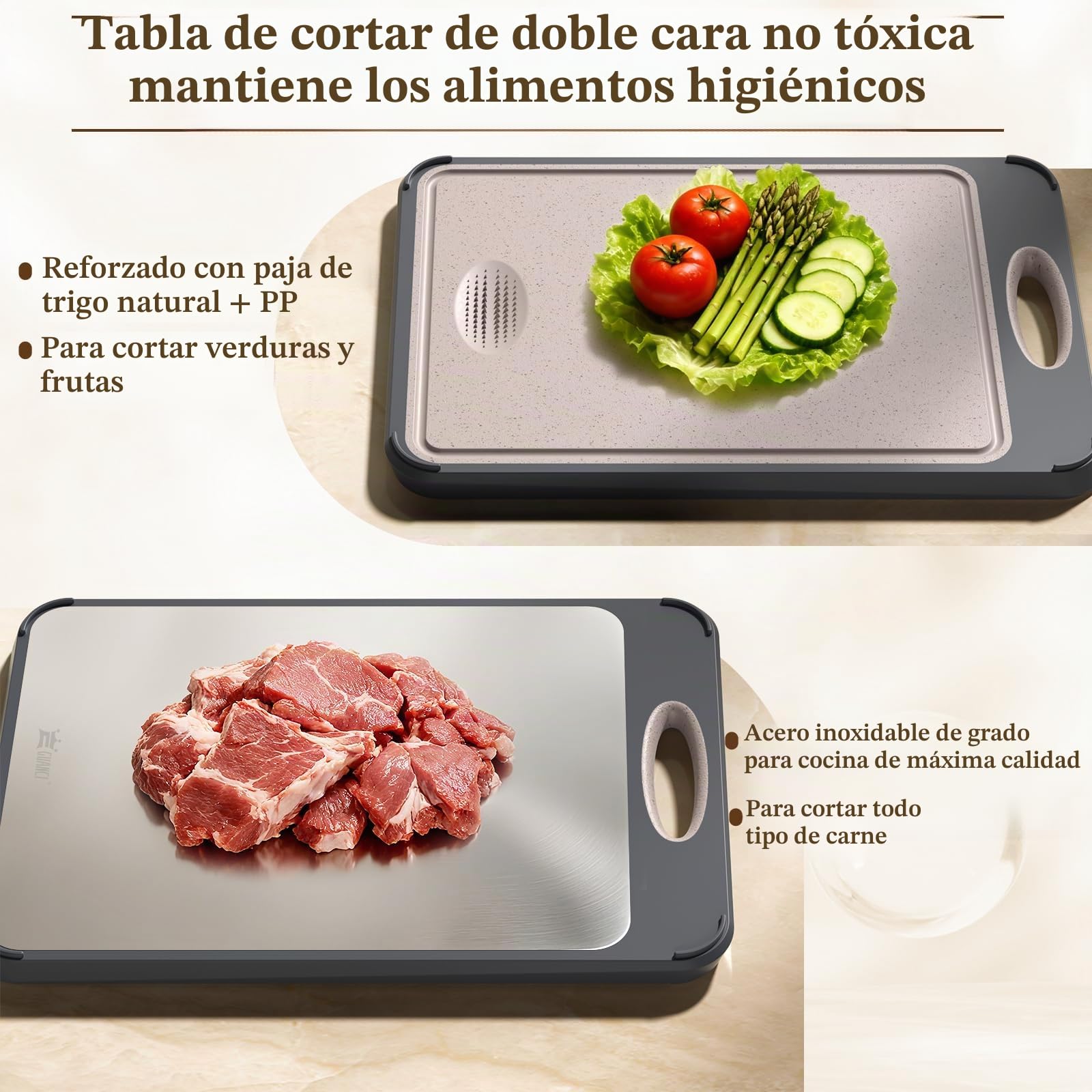 Gunci Tabla de cortar acero inoxidable doble cara para carne/verduras, fácil de limpiar, grande 40,6 x