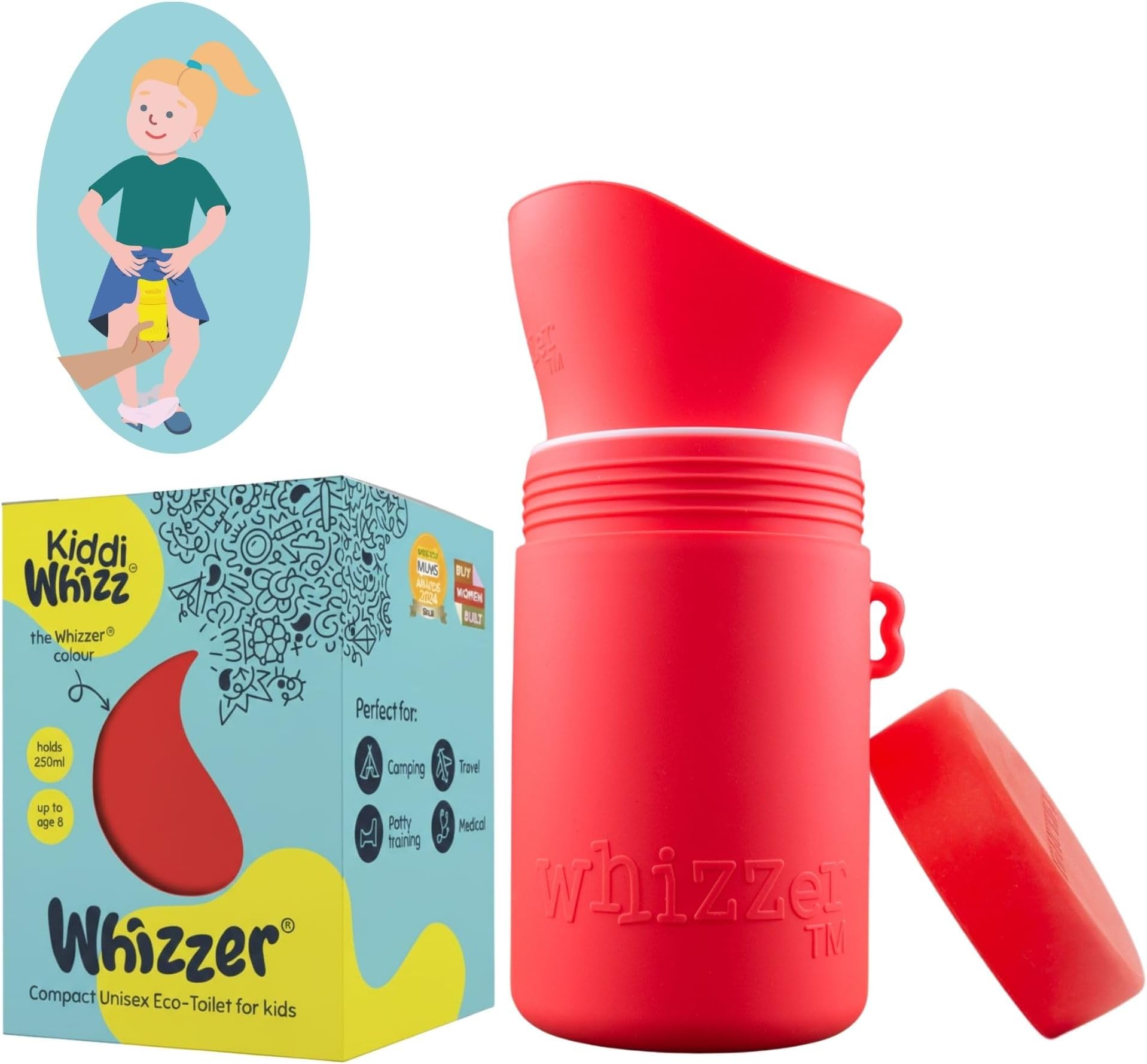 KIDDIWHIZZ Portable Toilet/Travel Potty Holiday Essentials for Kids - Ideal for Potty Training, Camping, Car Journeys & Travel - Unisex Silicone Pee Bottle - Portable & Leakproof - 250ml