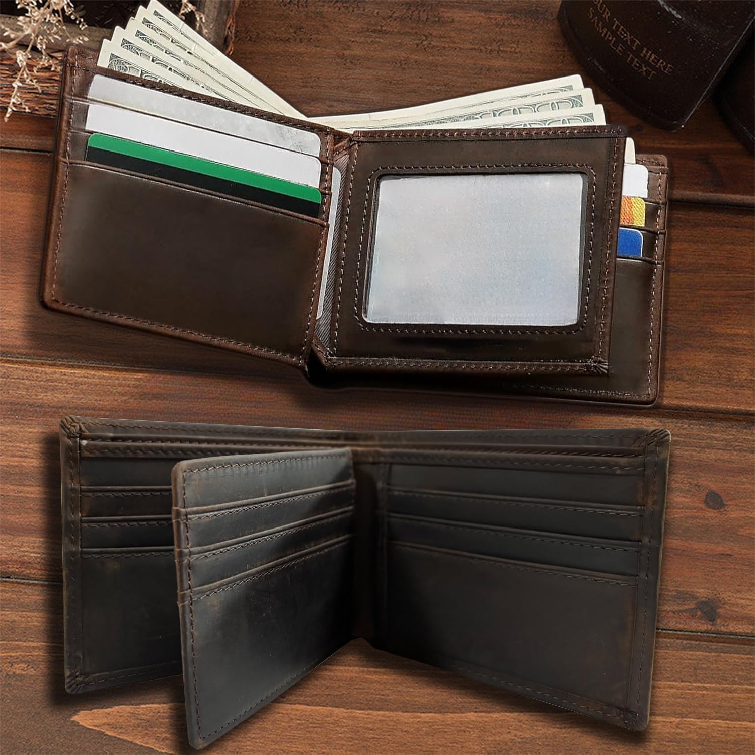 HRS Genuine Leather Mens Wallet Trifold RFID Blocking Money Clip for Men with 1 ID Window 12 Card Holders - Image 4