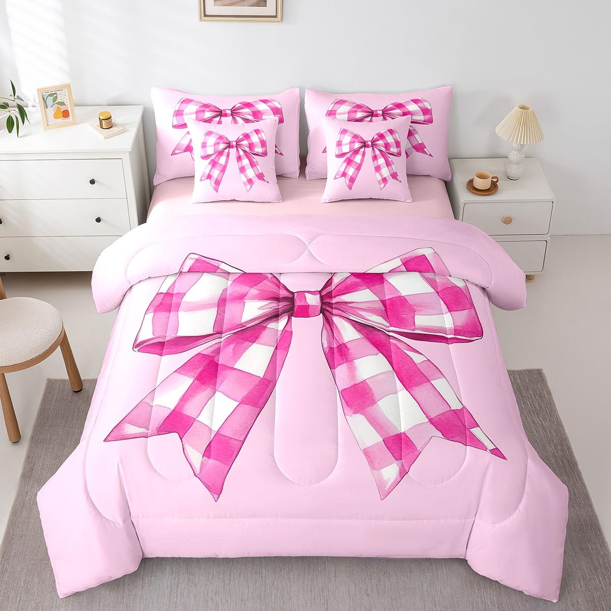 Erosebridal Romantic Pink Bowknot King Comforter Set 7 Piece for Girls,Cute Kawaii Bow Bedding Set for Kids Teen Adults,Dreamy Princess Bowknot Bed in A Bag Lovely Girly Coquette Bed Set