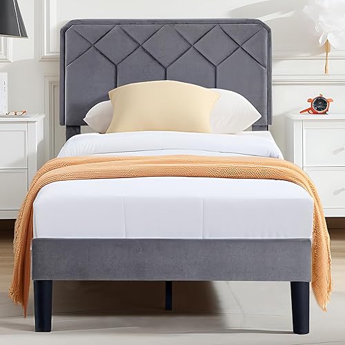 Miniatura 80 de VECELO Base de cama de tamaño matrimonial con plataforma tapizada de terciopelo de alta calidad con cabecera ajustable en altura / base de colchón,