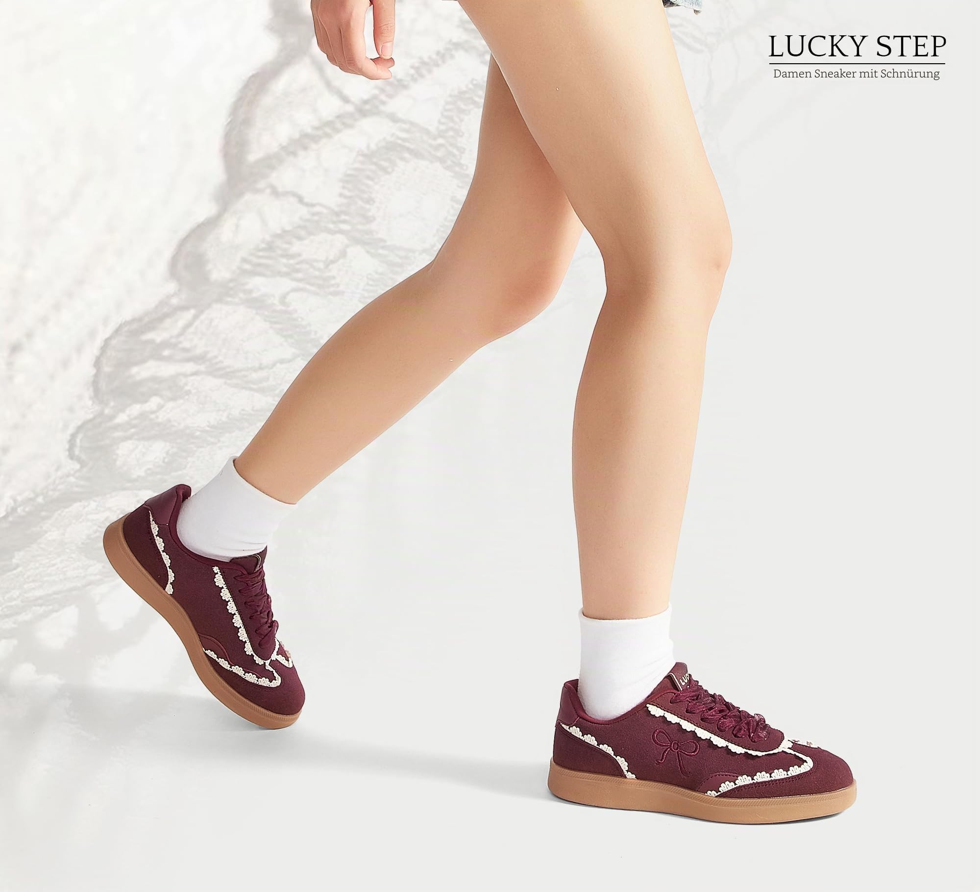 LUCKY STEP Damen Sneakers mit Spitze & Organza-Band | Vintage-Design mit Dicker Gummisohle | Bequeme Freizeitschuhe im Trend-Look für Alltag & Stadt