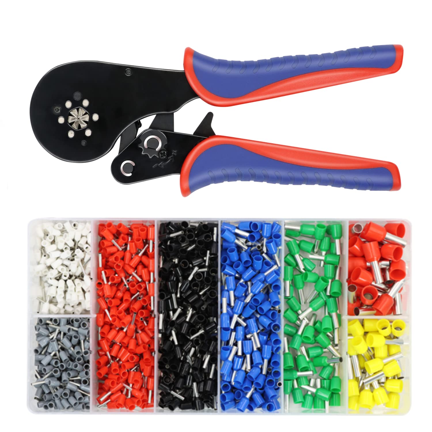 HKS Ferrule Crimping Tool Kit AWG 30-5 with 1200PCS Red Copper Terimnals, Hexagonal Self-Adjusting Ratchet Crimper for End-Sleeves (16-6S with 1200PCS Kit)