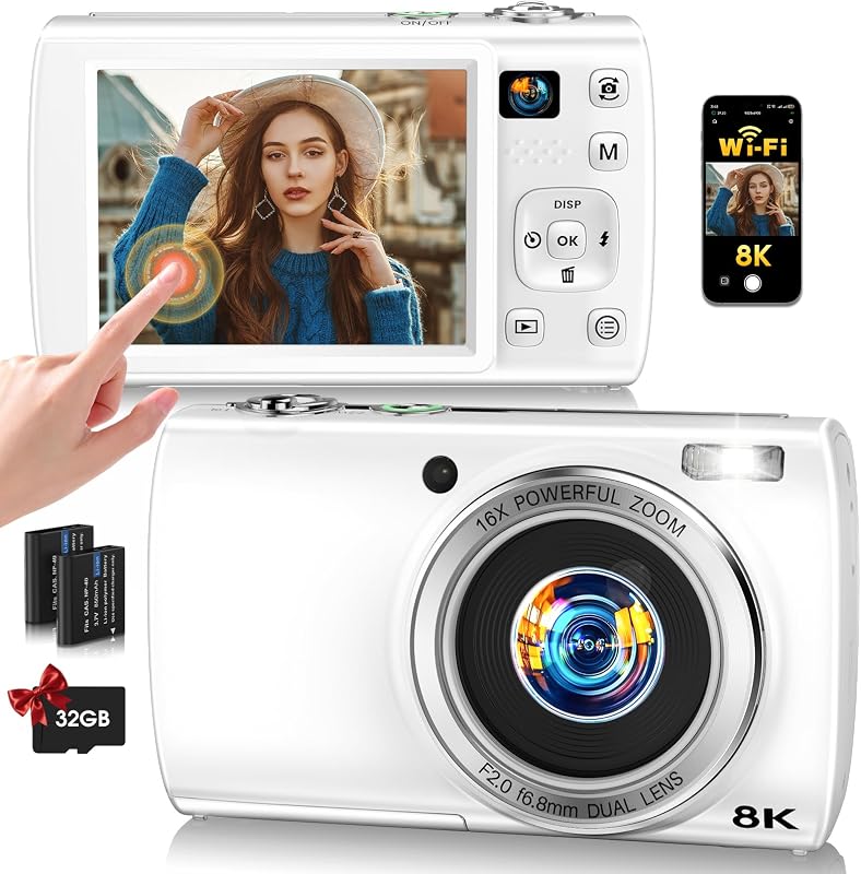 2026 8K WiFi Digital Camera 88MP Dual Lens, Touch Screen, Autofocus, White | Compact with 16X Zoom 5-Axis Anti-Shake, Travel Video Vlogging Camera for YouTube, Ideal for Beginners, 32GB Card 2 Batteries