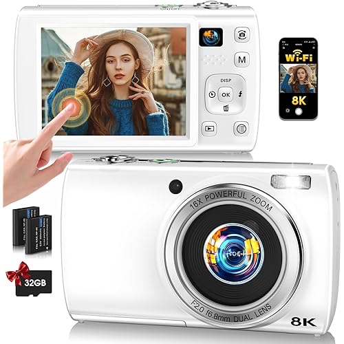 88MP Digital Camera for Photography, 2026 New WiFi 8K Vlog Video Camera for YouTube with Touch Screen, Dual Lens, Autofocus Anti-Shake, 16X Zoom, Small Travel Camera, 32GB TF Card, 2 Batteries, White