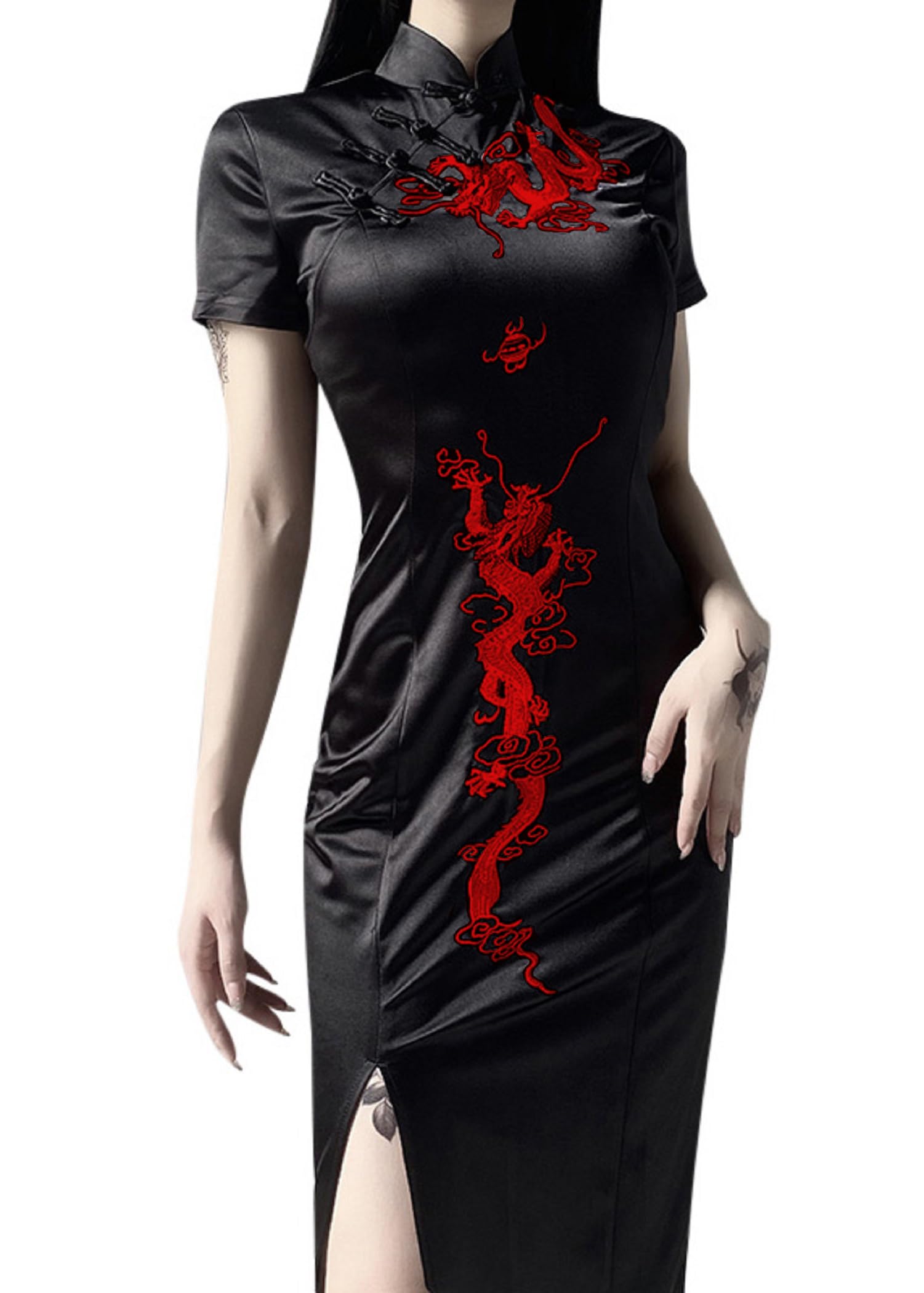 Cheongsam Kleider für Damen Schwarz Gothic Kleid Vintage Slim Kleidung Kurze Ärmel langes Chinesisch Elegante Kleider Asiatischer Stil Drachenmuster Kleid Erhältlich für Mottopartys, Bälle
