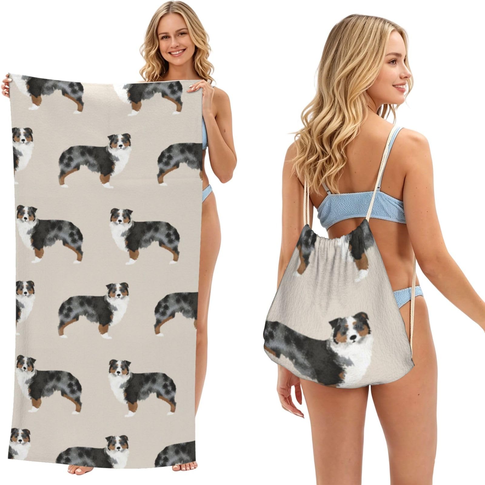 Poadnly As Picture Australian Shepherd, 2 In 1 Packable Towel Bag, Beach Towels With Drawstring Backpack For Travel Holiday Camping
