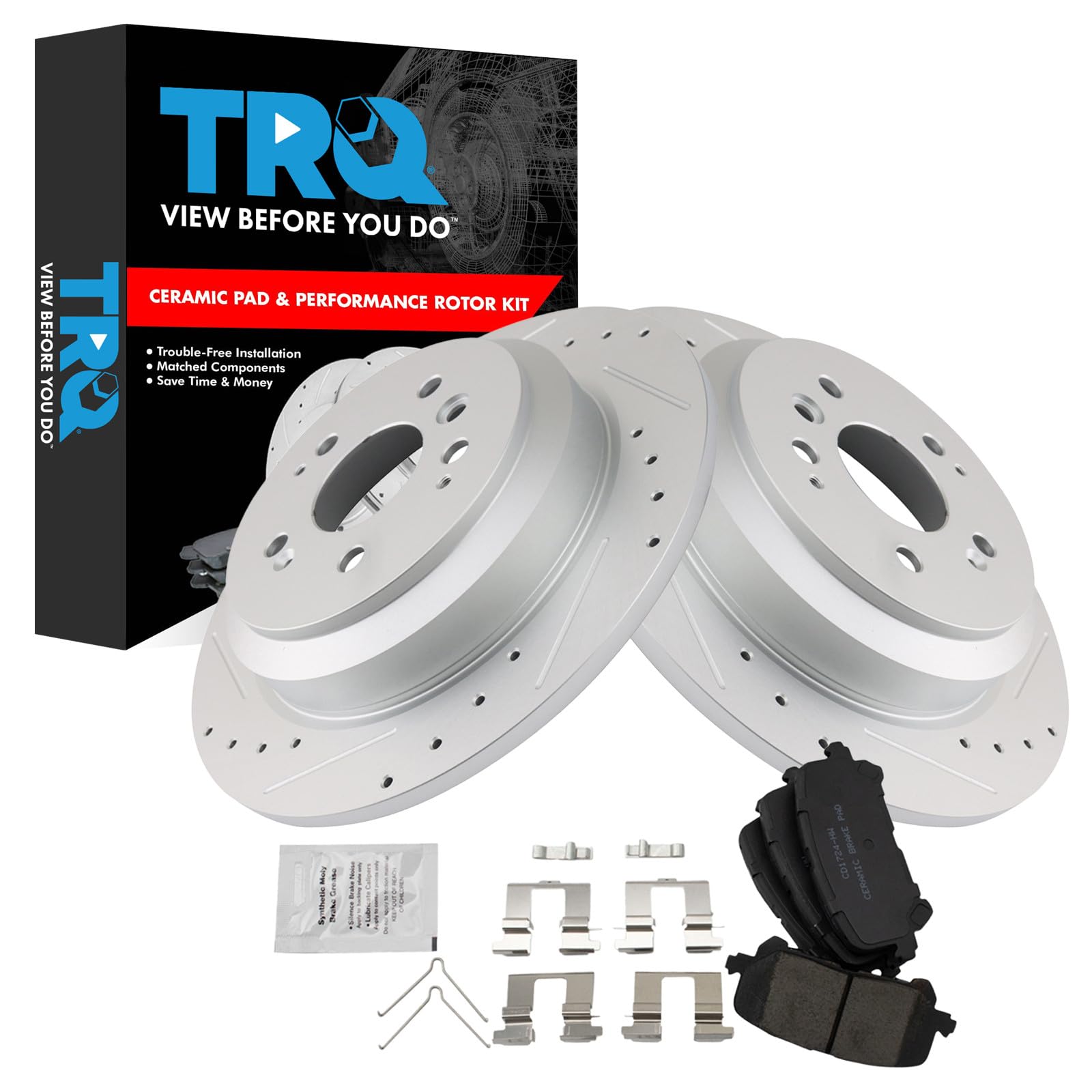 TRQ Rear Brake Pad and Rotor Set Ceramic Coated Drilled Slotted Rotors Compatible with 2019-2022 Honda Passport 2016-2022 Pilot 2017-2022 Ridgeline