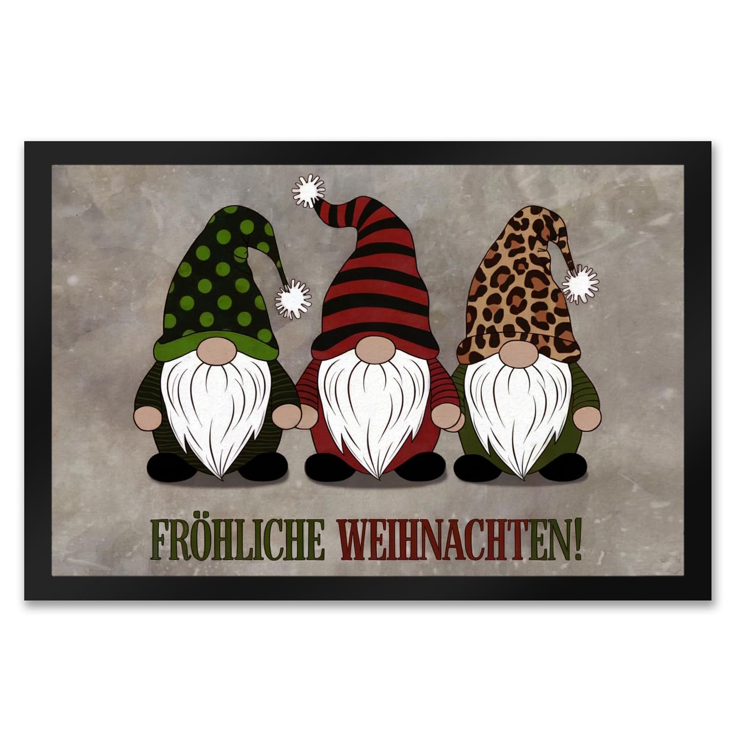 speecheese DREI Wichtel - Fröhliche Weihnachten Fußmatte XXL in 50x75 cm Weihnachten animiertes Bild grüner Hut roter Leopardenmuster - Perfekte Fußmatte XXL in 50x75 cm für Festtage