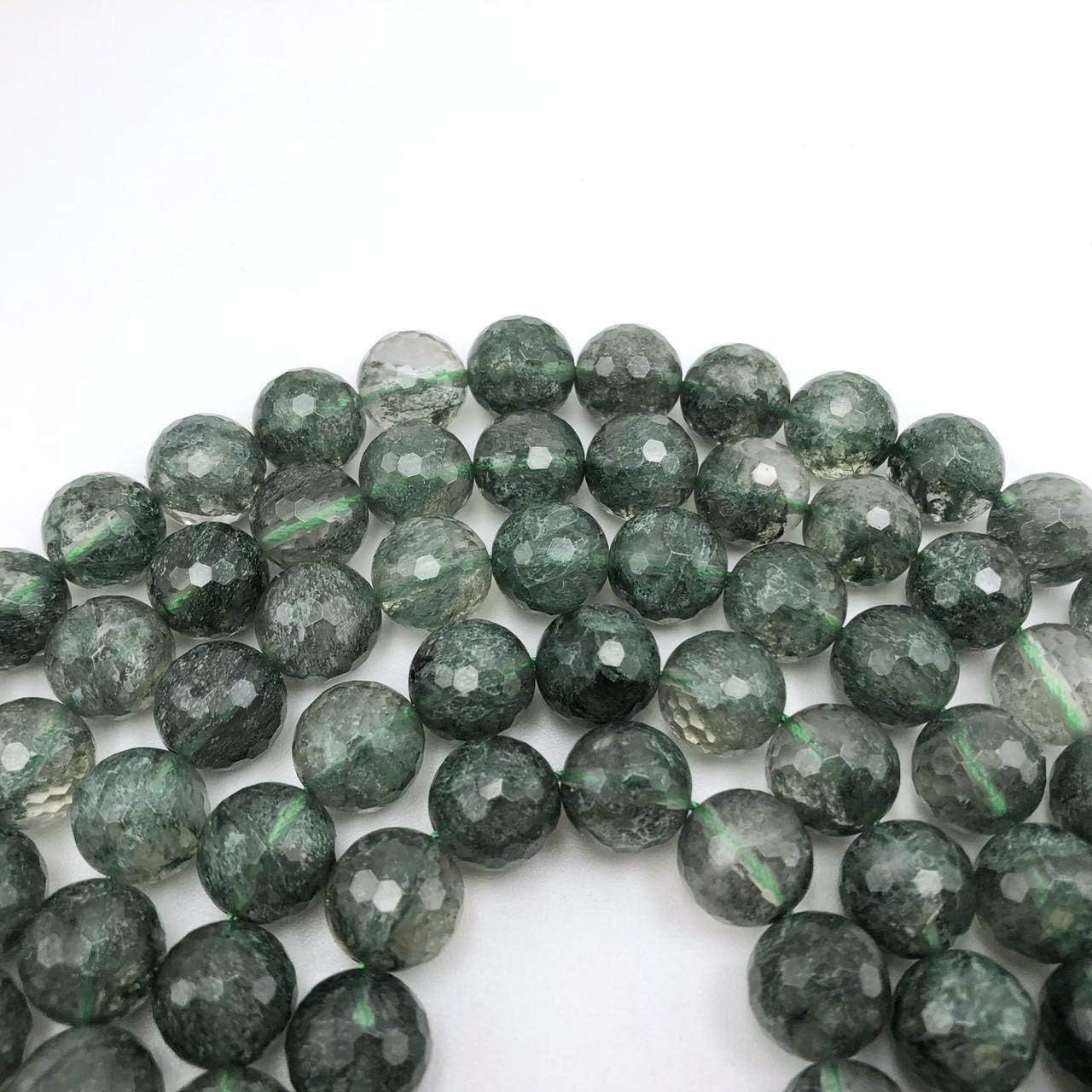JM Design 12mm Dark Green Rutilated Quartz Faceted Round Shape Loose Gemstone Beads, 15.5" Strand for Jewelry Making, Arts and Craft