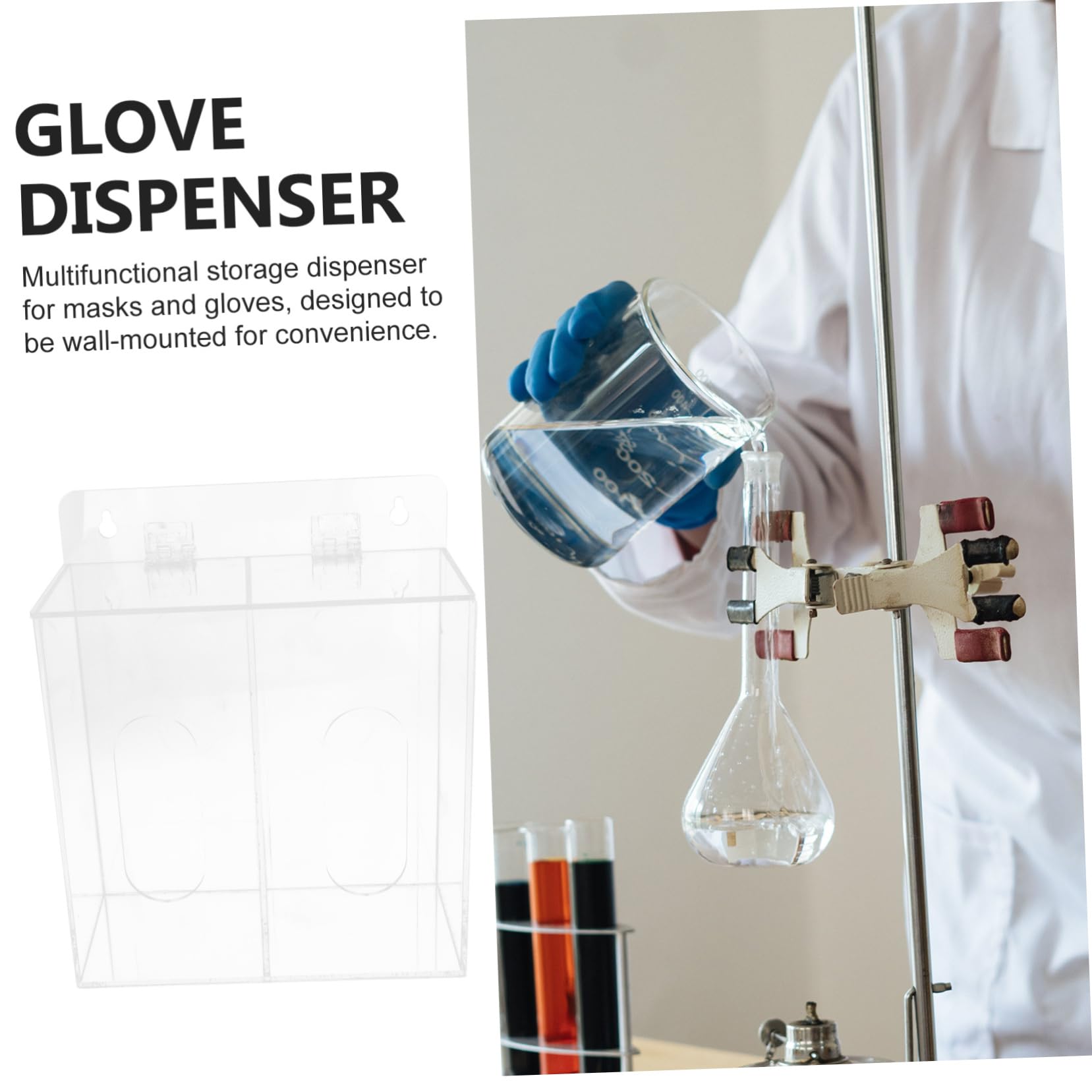 Dispenser da Parete per Guanti e Mascherine, Organizzatore in Acrilico Trasparente con 2 Scomparti, Supporto Portaoggetti Salvaspazio per Uso Laboratoristico e Settore Sanitario