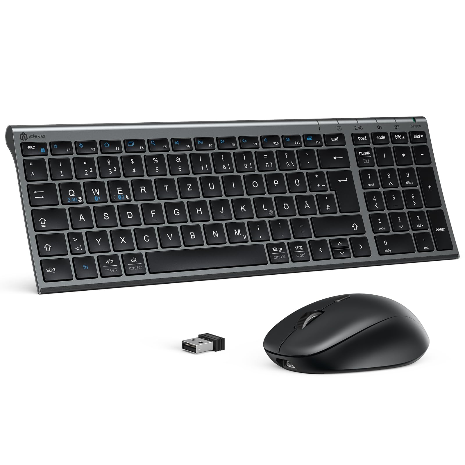 iClever Ensemble clavier et souris sans fil, clavier Bluetooth avec souris, Bluetooth + 2,4 G, 3 appareils simultanément, USB-C, rechargeable, silencieux, QWERTZ pour Windows, Mac, PC, iPad, Android