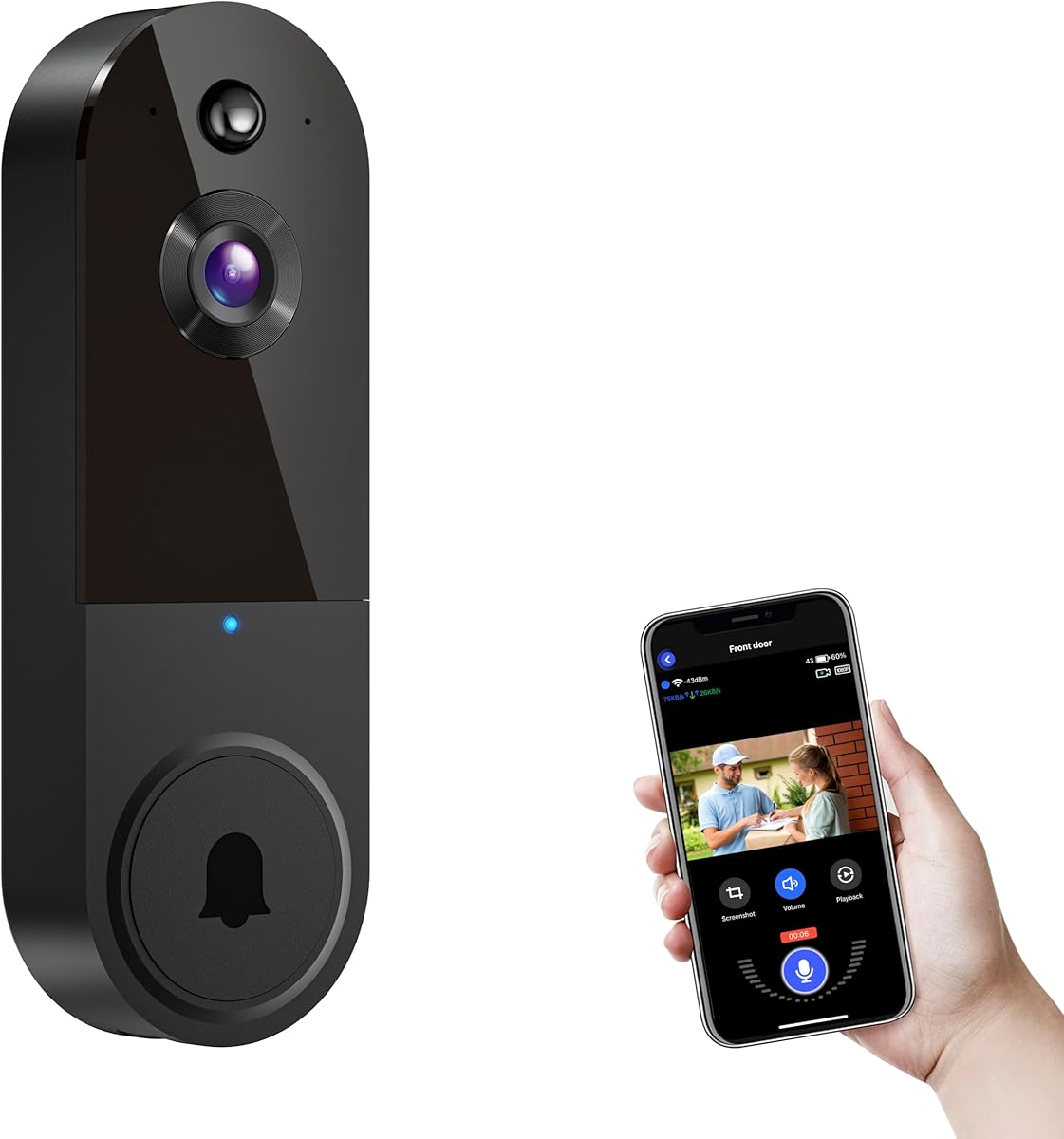 BoomChill 1080p Wireless Video Doorbell Camera, AI Human Detection, 2-Way Talk, Live View, Night Vision, Cloud Storage, 2.4G WiFi Only, Battery Powered, Indoor Outdoor Surveillance (Black)